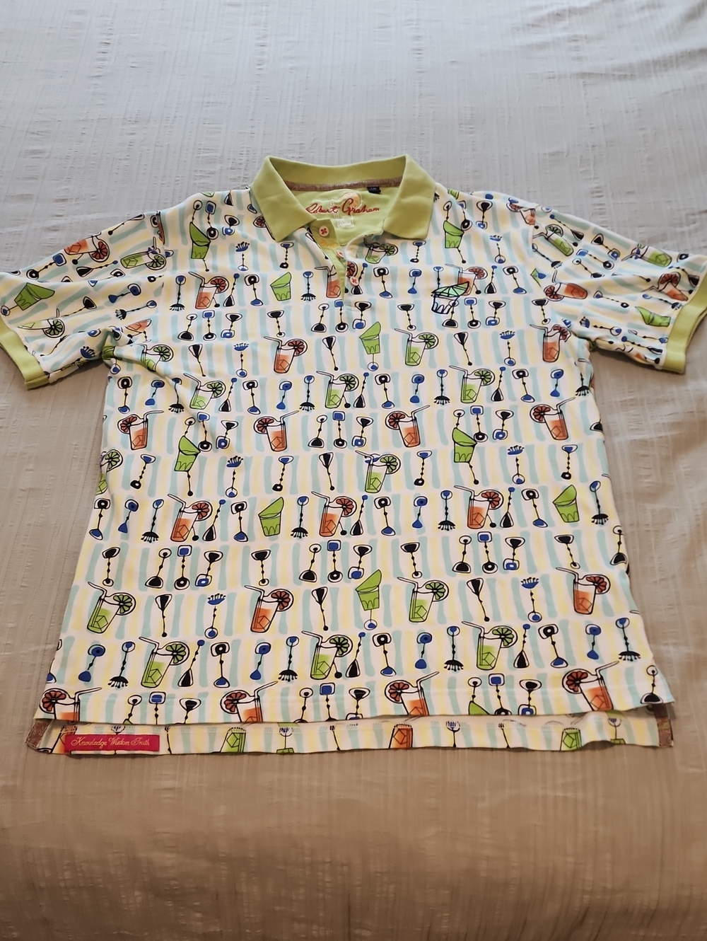 Robert Graham Men’s Polo Shirt - White with Light Green and Blue Cocktail Print